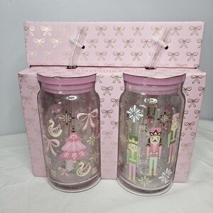 Pink Christmas Bows And Nutcrackers Glass Tumbler Sippers Set NEW